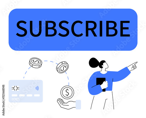 Join now Woman pointing at subscribe button, credit card, digital payment, and money transfer symbol. Ideal for online subscriptions, e-commerce, fintech, marketing, payment systems finance apps