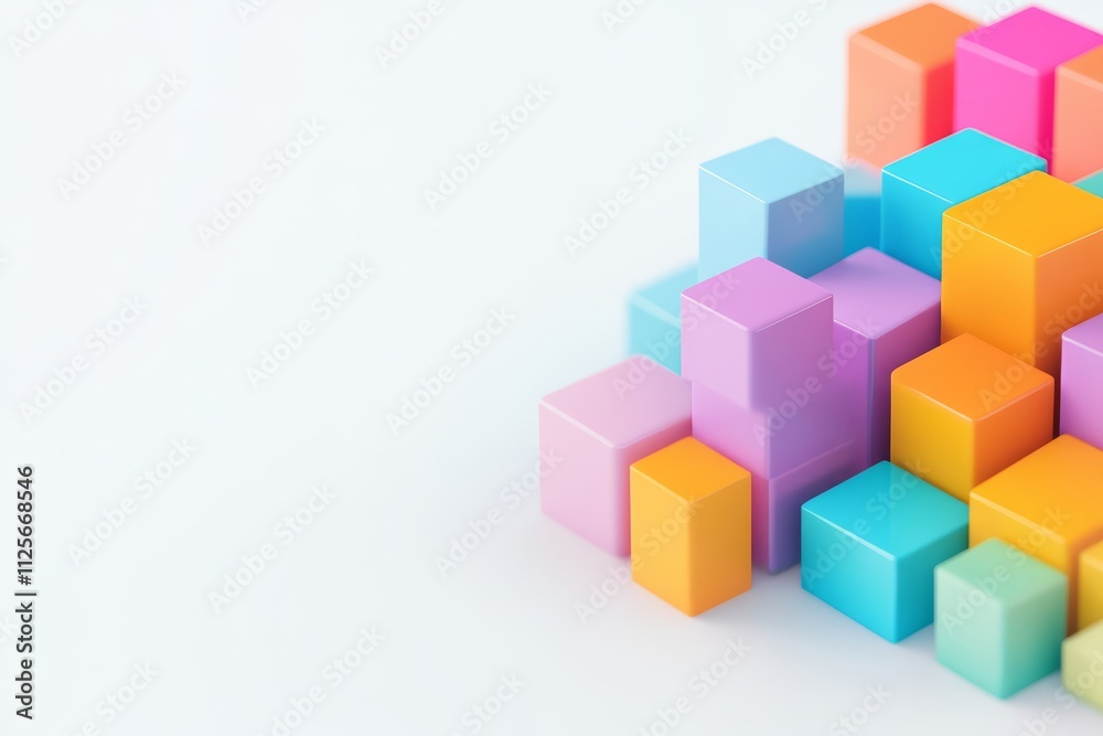 A colorful arrangement of geometric building blocks in various sizes, creating a playful and vibrant composition.