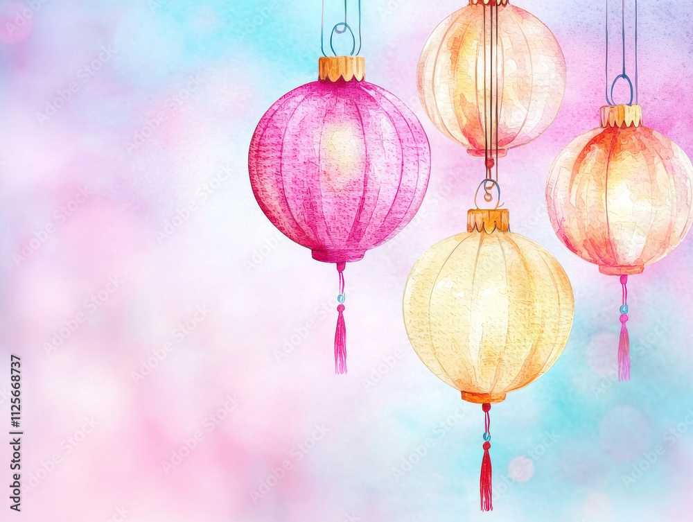 Fototapeta premium Colorful lanterns hanging in dreamy watercolor background create festive atmosphere