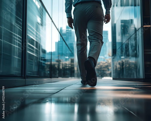 A person walking through a modern urban corridor with reflective surfaces.