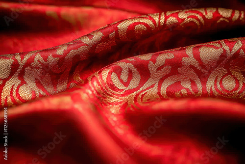 Luxurious red and gold brocade fabric with intricate patterns