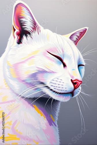 Surreal photorealistic close-up of a serene hybrid creature, blending human and feline features, embodying tranquility and uniqueness, set against a soft, neutral background