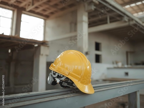 Yellow hard hat resting on construction materials, symbolizing safety gear for industrial workplaces photo