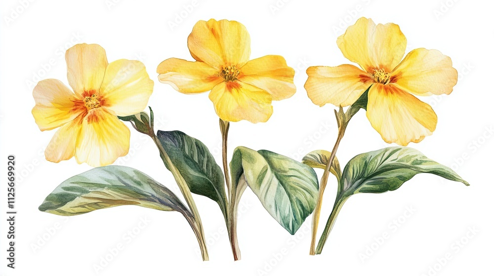 Fototapeta premium Watercolor Painting of Three Yellow Flowers with Green Leaves