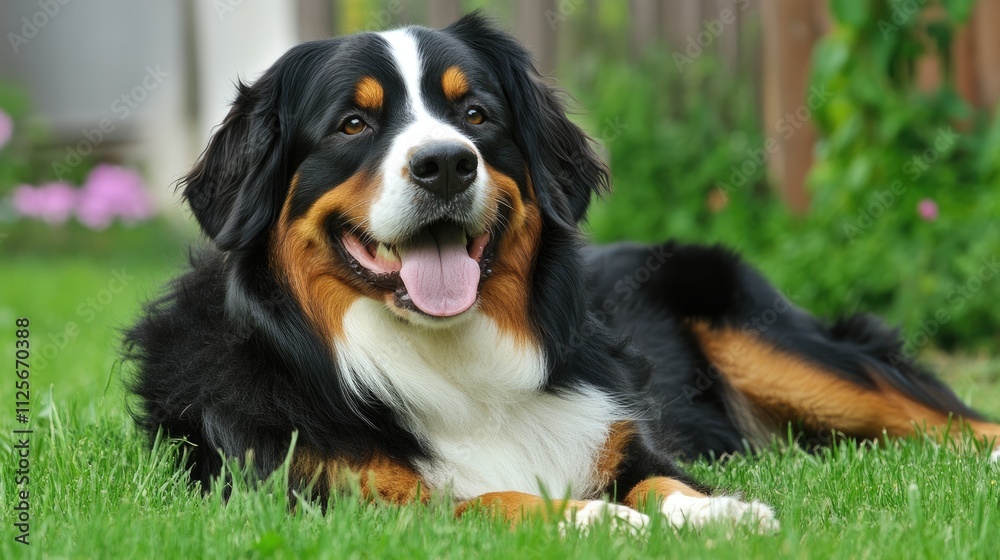 Happy bernese mountain dog playing in the yard Happy bernese mountain dog playing in the yard