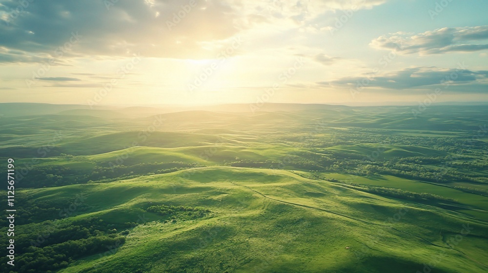 Fototapeta premium Lush Green Landscape Under Bright Sky with Gentle Sunlight
