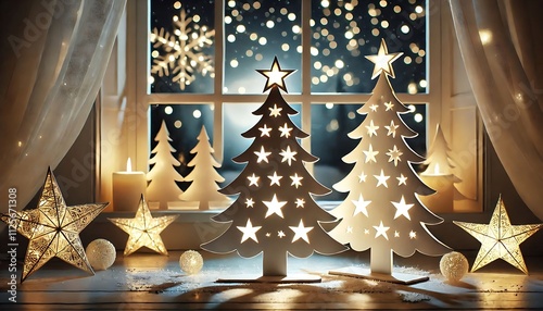Illuminated paper Christmas trees and glowing snowflakes near window with snowy landscape