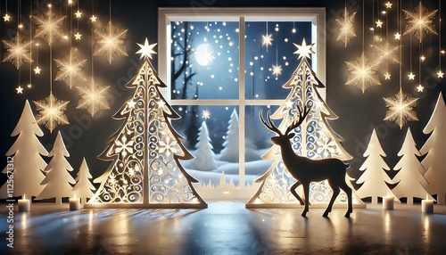 Illuminated paper Christmas trees and glowing snowflakes near window with snowy landscape