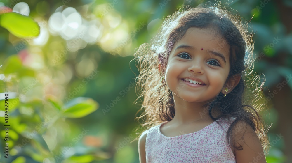 Happy cute little indian girl child standing having fun at summer park or garden. Happy cute little indian girl child standing having fun at summer park or garden.