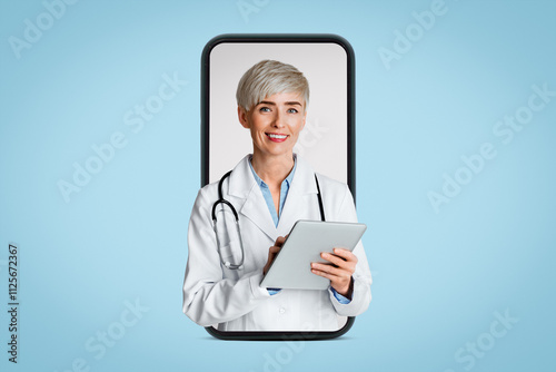 Woman doctor fills out medical history and writes out prescription on tablet, isolated on light background, studio shot