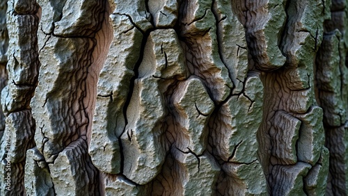 Weathered Oak Tree Bark Texture, Deep Fissures, Peeling Layers, Lichen, Moss photo