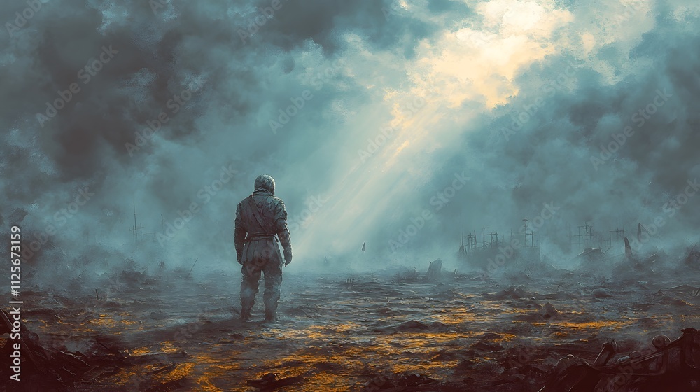 A lone astronaut surveys a desolate, post-apocalyptic landscape. A lone astronaut surveys a desolate, post-apocalyptic landscape.