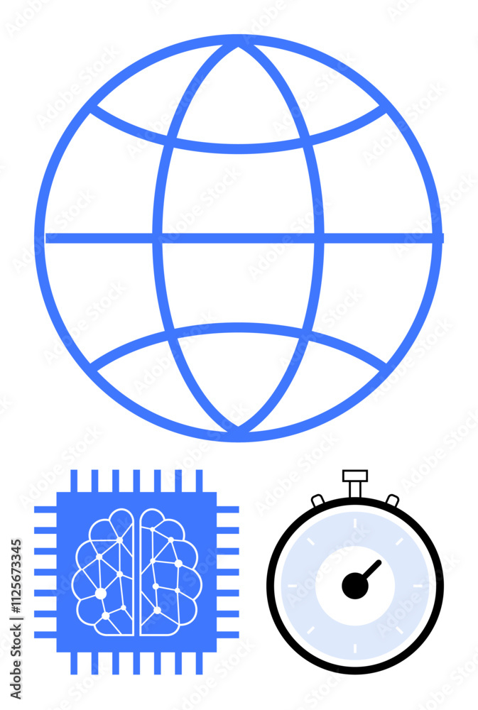 Globe AI brain chip stopwatch. Ideal for tech innovation, AI advancements, speed, precision, global connectivity, neuroscience progress, technology integration. Line metaphor Globe AI brain chip stopwatch. Ideal for tech innovation, AI advancements, speed, precision, global connectivity, neuroscience progress, technology integration. Line metaphor