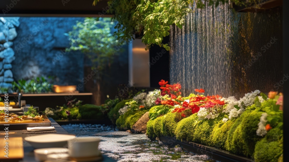 Obraz premium Serene Restaurant Oasis: Indoor Waterfall and Blooming Flowers