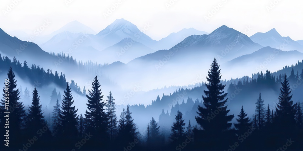 Naklejka premium A serene mountain landscape with layered blue tones and silhouetted trees.