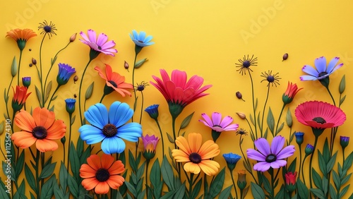 Vibrant Wildflower Meadow, Colorful Paper Flowers on Yellow Background