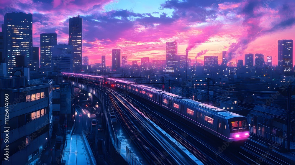 Futuristic train amidst a vibrant city skyline at dusk. Futuristic train amidst a vibrant city skyline at dusk.