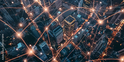 Futuristic city with glowing digital network, Smart city with interconnected data visualization