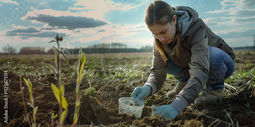 Female scientist collecting soil samples in agricultural field, Researcher studying soil composition outdoors