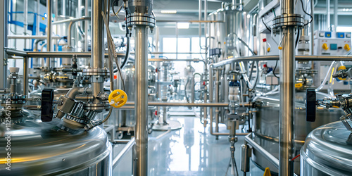  Modern industrial plant with stainless steel tanks, Manufacturing facility with metal piping