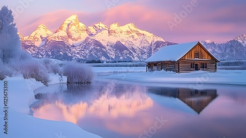 Scenic winter landscape with a cozy cabin and snowy mountains at sunrise.