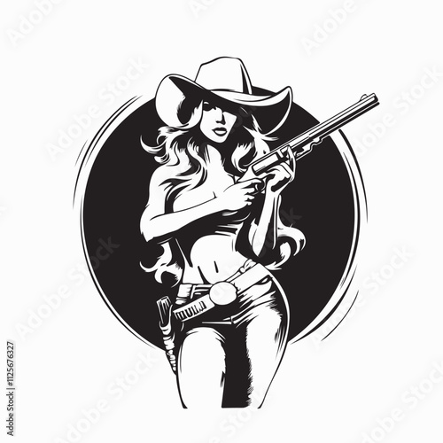 Cowgirl with a gun stock illustration. Cowgirl standing smiling and holding gun Vector Image
