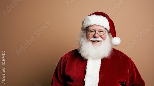 Man in a red Santa Claus outfit is smiling