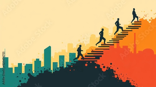 Abstract human figures climbing upward on a ladder, symbolizing ambition, career growth, and striving for professional success.