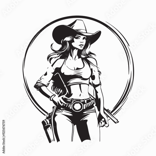 Cowgirl with a gun stock illustration. Cowgirl standing smiling and holding gun Vector Image