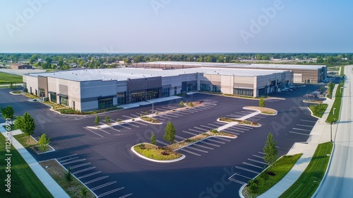 Aerial view of modern industrial building complex with ample parking.