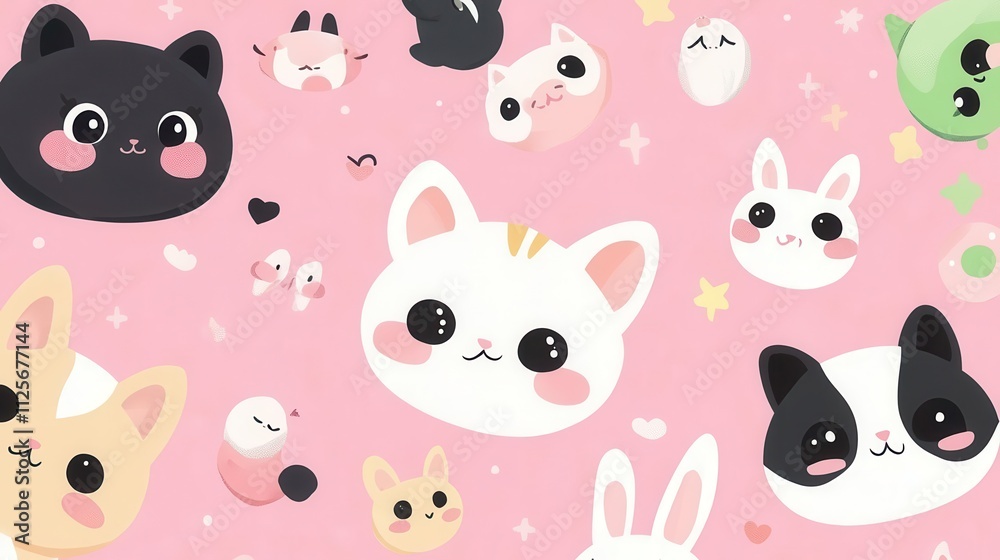 A playful design featuring cute cartoon animals on a pink background. A playful design featuring cute cartoon animals on a pink background.