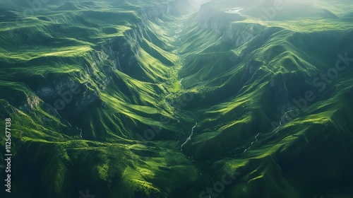 Breathtaking aerial view of lush green valleys and rolling hills under soft sunlight.