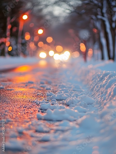 Urban Winter Street Scene with Soft Focus and Glowing Bokeh Lights