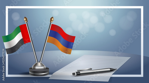 United Arab Emirate and Armenia National flags on small table with bokeh background, cooperative relationship
