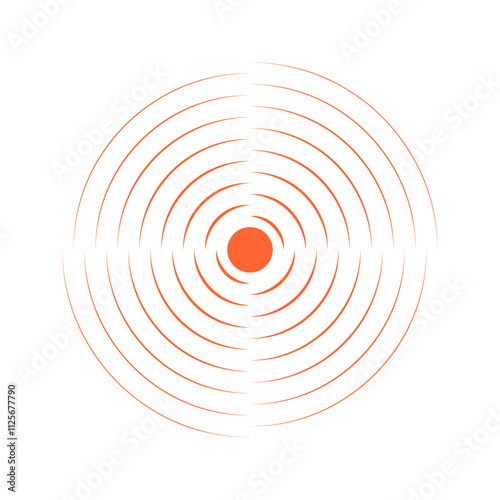 Concentric orange circles. Sunburst, sunrise or sunset icon. Pain or ache localization sign. Pulse, shockwave, radiation or vibration symbol. Sound, radar or sonar wave pictogram. Vector illustration.