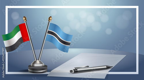 United Arab Emirate and Botswana National flags on small table with bokeh background, cooperative relationship