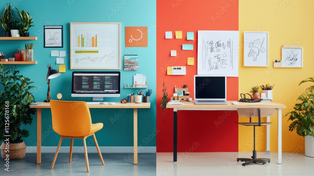 Two distinct areas showcase a minimalist workspace combining organized technology and creative art elements, providing an inspiring atmosphere. Generative AI Two distinct areas showcase a minimalist workspace combining organized technology and creative art elements, providing an inspiring atmosphere. Generative AI