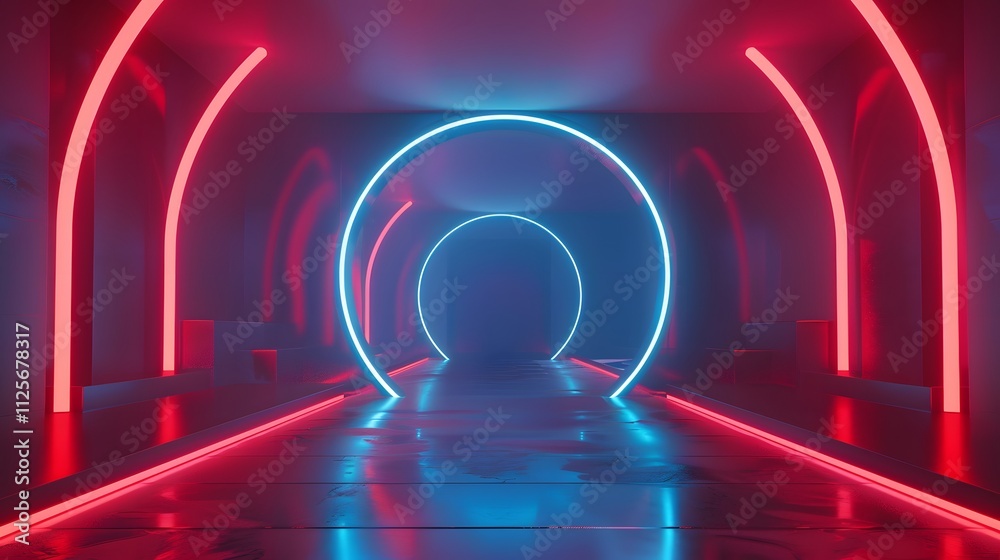 Futuristic hallway with glowing red and blue neon lights. Futuristic hallway with glowing red and blue neon lights.