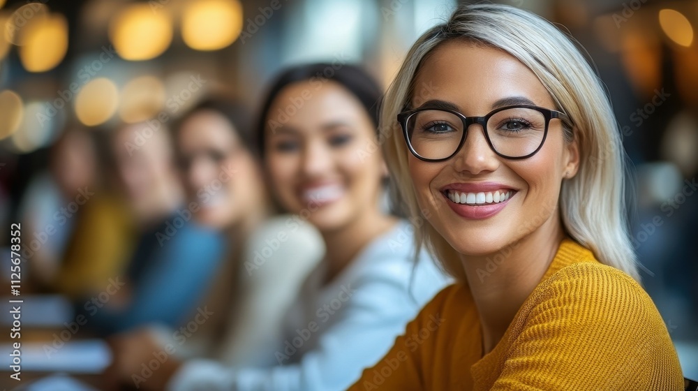 A group of women are smiling and posing for a photo. One of the women is wearing glasses and has a bright smile on her face. The photo captures a moment of happiness and camaraderie among the group A group of women are smiling and posing for a photo. One of the women is wearing glasses and has a bright smile on her face. The photo captures a moment of happiness and camaraderie among the group