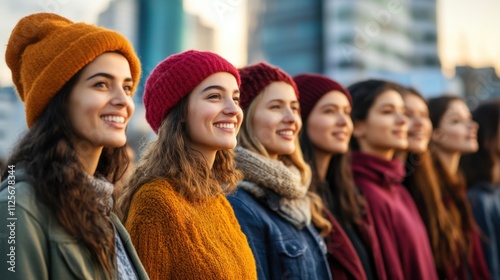 Group of young women wearing colorful beanies and scarves smiling together during sunset in urban environment