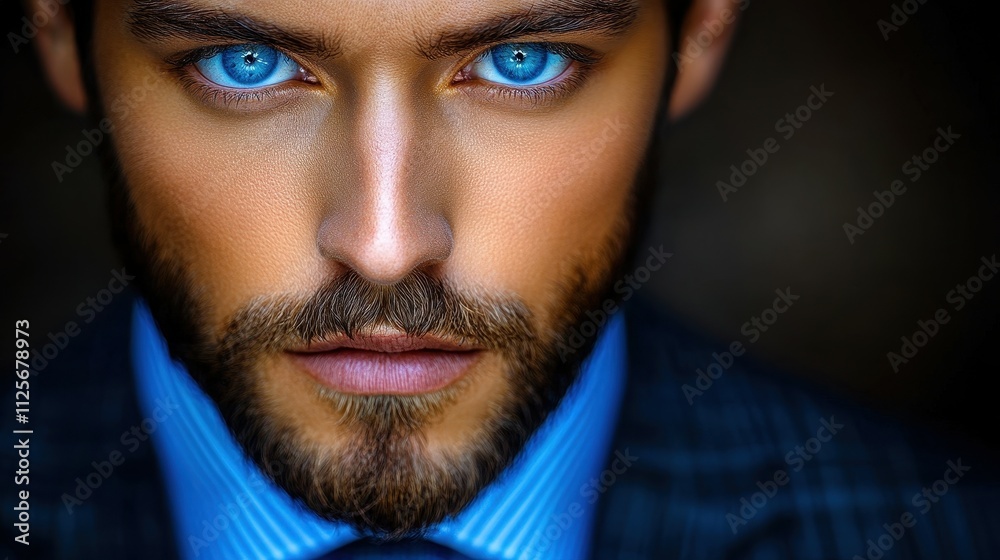 A man with a beard and blue eyes is wearing a blue suit. The suit is plaid and the man's face is the main focus of the image A man with a beard and blue eyes is wearing a blue suit. The suit is plaid and the man's face is the main focus of the image