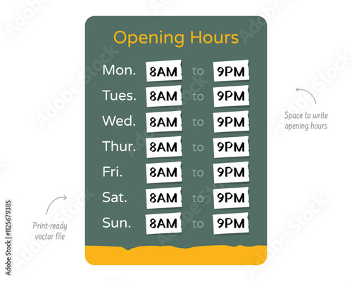 Opening Hours Fast Food Sign Featuring Orange Background with Black Text, Indicating Business Hours for a Fast Food Restaurant, Available as a Vector File