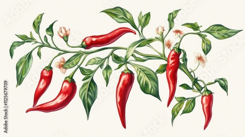 Vibrant Red Chili Peppers Botanical Illustration
