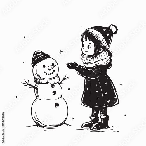  Child Girl With A Snowman image vector. Happy child girl playing with a snowman on a snowy winter walk