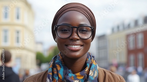 A woman wearing glasses and a scarf is smiling. She is standing in front of a building. Scene is happy and friendly