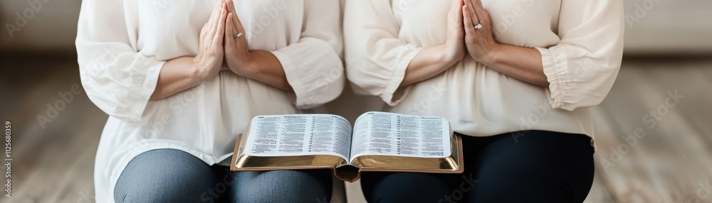 Two individuals praying together with a Bible, symbolizing faith, connection, and spirituality in a serene environment. Two individuals praying together with a Bible, symbolizing faith, connection, and spirituality in a serene environment.