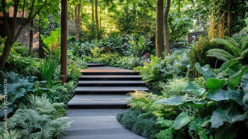 High-detail photo of a home garden with a forest feel, featuring a wooden deck and lush greenery