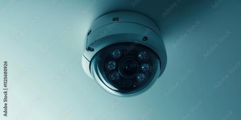 A security camera mounted on a ceiling, designed for surveillance and monitoring. A security camera mounted on a ceiling, designed for surveillance and monitoring.