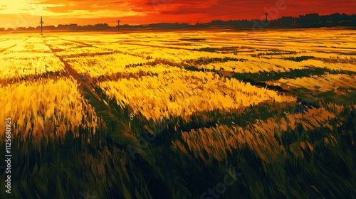 Golden field under a vibrant sunset, evoking a serene countryside atmosphere. photo