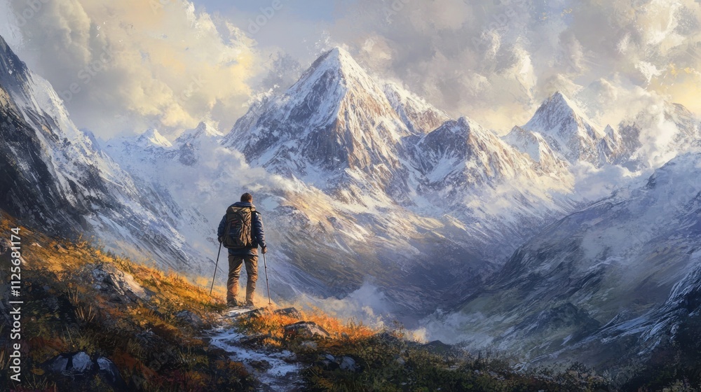 A hiker stands before majestic snow-capped mountains, immersed in nature's beauty. A hiker stands before majestic snow-capped mountains, immersed in nature's beauty.